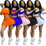 Spring Sport Orange Round Neck Long Sleeve Crop Top And Pleated Skirt Wholesale Womens 2 Piece Sets