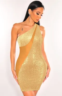 Summer Sexy Yellow Sequins See Through Mesh One Shoulder Sleeveless Bodycon Dress