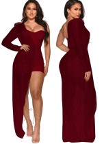 Spring Sexy Red One Sided Formal Dress With Off Shoulder Romper Two Piece Sets