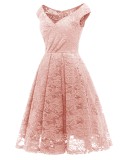 Summer Elegant Pink Lace Off Shoulder Vintage Party Dress