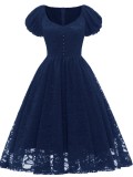 Summer Elegant Blue Lace Round Neck Puffed Short Sleeve Vintage Party Dress