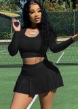 Spring Sport Black Round Neck Long Sleeve Crop Top And Pleated Skirt Wholesale Womens 2 Piece Sets