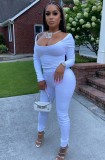 Spring Casual White Round Neck Long Sleeve Top And Pant Wholesale Women'S Two Piece Sets