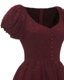 Summer Elegant Burgundy Lace Round Neck Puffed Short Sleeve Vintage Party Dress