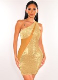 Summer Sexy Yellow Sequins See Through Mesh One Shoulder Sleeveless Bodycon Dress