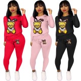 Spring Cute Black Cartoon Print Long Sleeve Top And Pant Cheap Wholesale Two Piece Sets