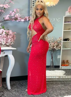 Summer Sexy Red Halter See Through Sequins Cut Out Slit Dress