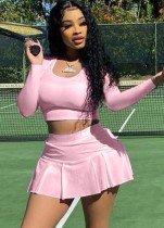 Spring Sport Pink Round Neck Long Sleeve Crop Top And Pleated Skirt Wholesale Womens 2 Piece Sets