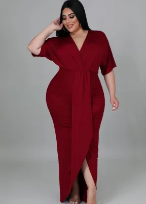 Spring Plus Size Red V Neck Short Sleeve Slit Maxi Dress