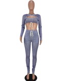 Spring Fashion Stripe Print Cut Out Long Sleeve Crop Top And Pant Wholesale 2 Piece Sets