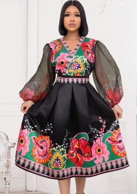 Spring Ethnic Print African Black V Neck See Through Mesh Long Sleeve Dress