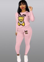 Spring Cute Pink Cartoon Print Long Sleeve Top And Pant Cheap Wholesale Two Piece Sets