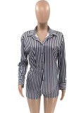 Spring Fashion Stripe Print Long Sleeve Shirt And Shorts Wholesale Two Piece Clothing