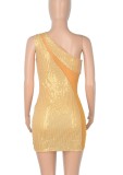 Summer Sexy Yellow Sequins See Through Mesh One Shoulder Sleeveless Bodycon Dress