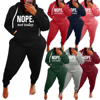 Winter Plus Size Casual Pink Letter Print Hoodies And Pant Wholesale Two Piece Sets