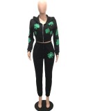Spring Casual Black Print Zipper With Hood Long Sleeve Crop Top And Pant Wholesale 2 Piece Outfits