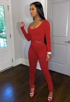 Spring Casual Red Round Neck Long Sleeve Top And Pant Wholesale Women'S Two Piece Sets