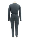Spring Grey Casual Drawstrings V-Neck Long Sleeve Jumpsuit