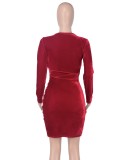 Winter Red Velvet V-Neck Ruched Mini Club Dress