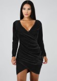Winter Black Velvet V-Neck Ruched Mini Club Dress