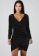 Winter Black Velvet V-Neck Ruched Mini Club Dress