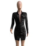 Spring Black Metallic Button Up Ruched Mini Club Dress