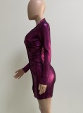 Spring Purple Metallic Button Up Ruched Mini Club Dress
