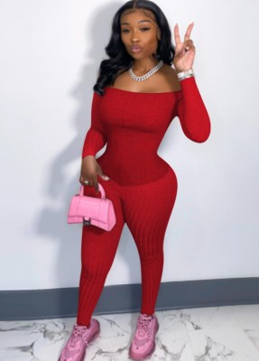 Spring Red Off Shoulder Long Sleeve Sexy Tight Ribbed Jumpsuit