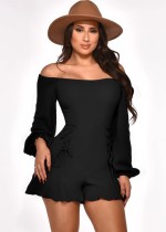 Spring Black Off Shoulder Lace-Up Ruffles Rompers