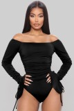 Spring Black Off Shoulder Long Sleeve Ruched Bodysuit