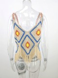 Summer Khaki Crochet Geommetric Islander Tassel Vest