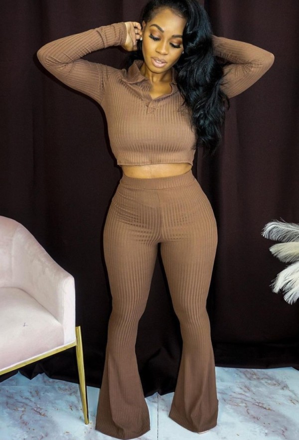 Spring Brown Ribbed Crop Top and Flare Pants Two Piece Set
