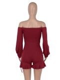 Spring Burgunry Off Shoulder Lace-Up Ruffles Rompers