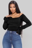 Spring Black Off Shoulder Long Sleeve Ruched Bodysuit