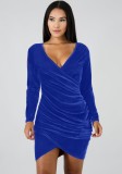 Winter Blue Velvet V-Neck Ruched Mini Club Dress