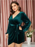 Spring Green Velvet V-Neck Long Sleeves Plus Size Party Dress
