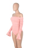 Spring Pink Off Shoulder Long Sleeve Ruched Bodysuit