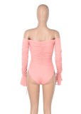 Spring Pink Off Shoulder Long Sleeve Ruched Bodysuit