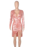Winter Pink Metallic V-Neck Ruched Strings Midi Club Dress