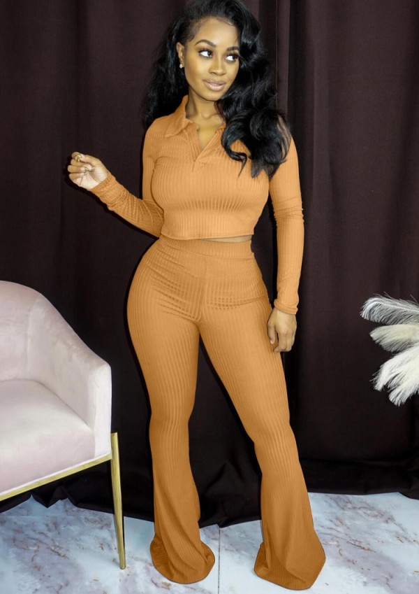 Spring Orange Ribbed Crop Top and Flare Pants Two Piece Set
