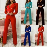 Spring Black Western V-Neck Long Sleeve Elegant Cargo Jumpsuit