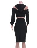 Spring Black Zippers Cut Out Crop Top and Midi Skirt Two Piece Set