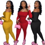 Spring Red Off Shoulder Long Sleeve Sexy Tight Ribbed Jumpsuit
