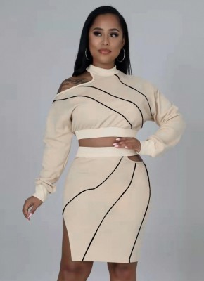 Spring Beige Cut Out Crop Top and Mini Skirt Two Piece Set