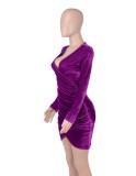 Winter Purple Velvet V-Neck Ruched Mini Club Dress