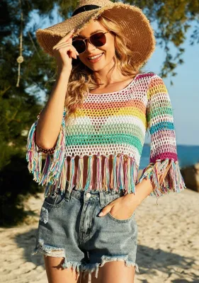 Summer Rainbow Crochet Islander Tassel Crop Top