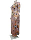 Spring Brown Print Africa Loose Cut Plus Size Long Dress