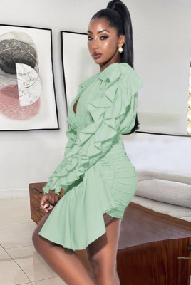 Spring Green Sexy Deep-V Long Sleeve Ruffles Ruched Mini Club Dress