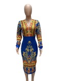 Spring Blue Print Ethic Deep-V Puff Sleeve Elegant Midi Dress