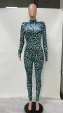 Spring Green Leopard Print Sexy Long Sleeve Party Jumpsuit